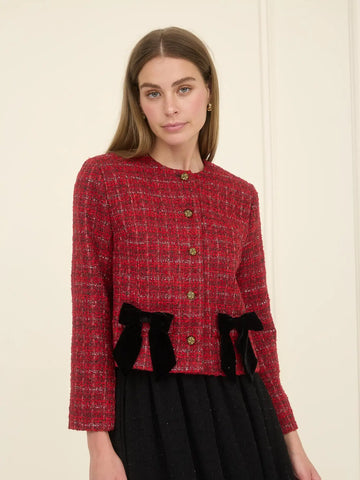 Plaid Tweed Velvet Bow Detail Button Down Jacket