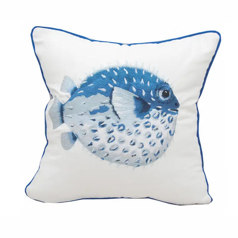 Just Keep Swimming Blue Puffer Indoor/Outdoor Pillow
