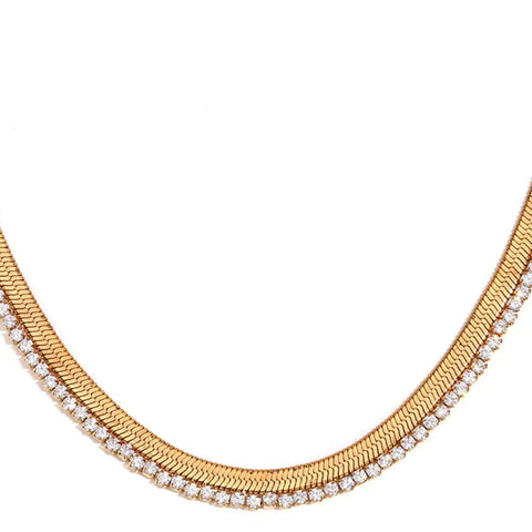 Cecile-Herringbone Cz- Steel Necklace- 14K