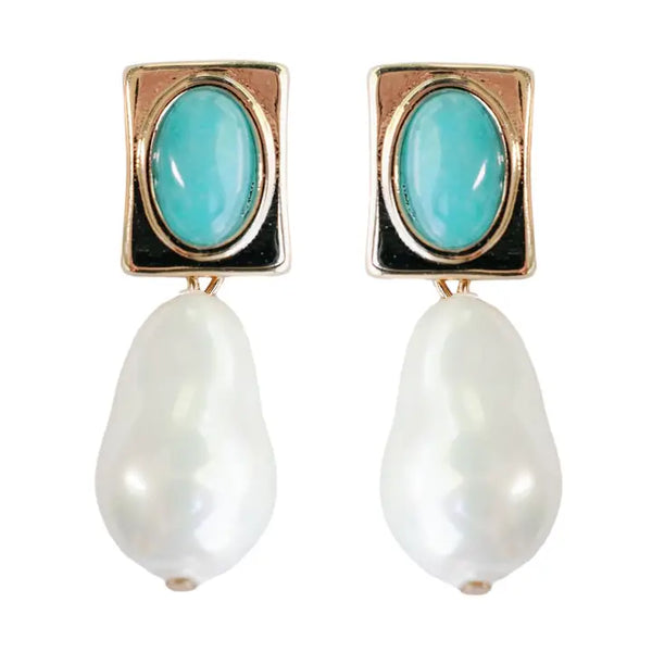 Vintage Square Turquoise and Natural Pearl Drop Earrings