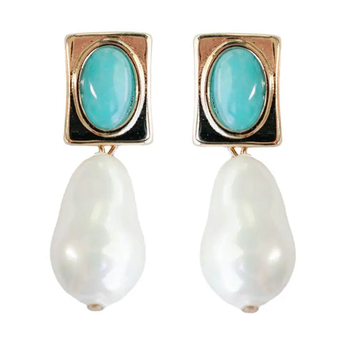Vintage Square Turquoise and Natural Pearl Drop Earrings