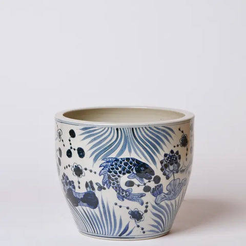 Blue and White Porcelain River Fish Planter