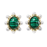 Green Malachite and Pearl Oval Stud Earrings