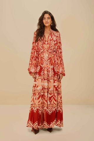 Tropical Tapestry Red Metal Embroidered Tiered Maxi