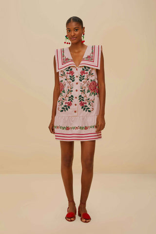 Flower Tapestry Pink Embroidery Mini Dres Sleeveless