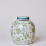 Blue and Green Porcelain Cranes and Clouds Round Storage Jar