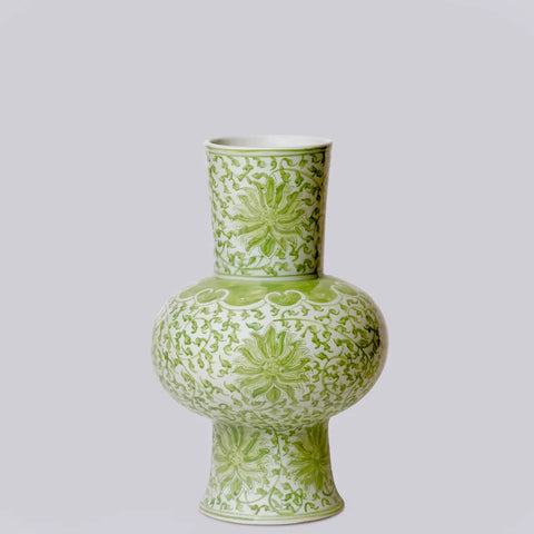 Green and White Porcelain Scrolling Lotus Lantern Vase