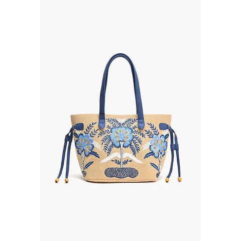 Embroidered Blue Floral Tote