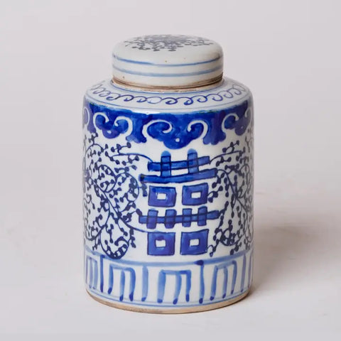 Blue and White Porcelain Double Happiness Cylinder Caddy