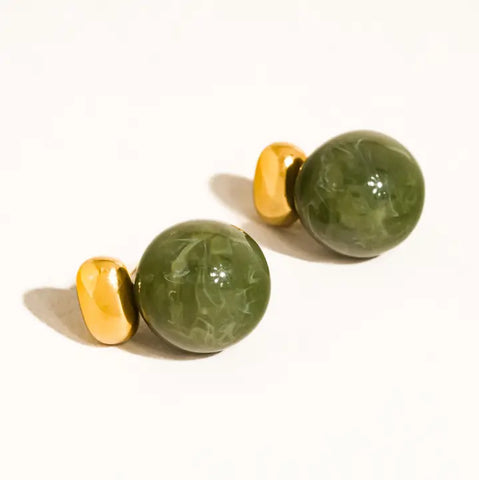 Velisse 18K Gold Non-Tarnish Green Marble Ball Earrings