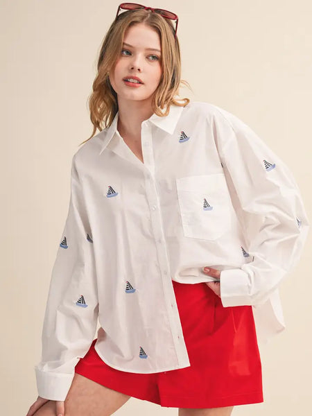Sailboat Embroidery Button Down Shirt