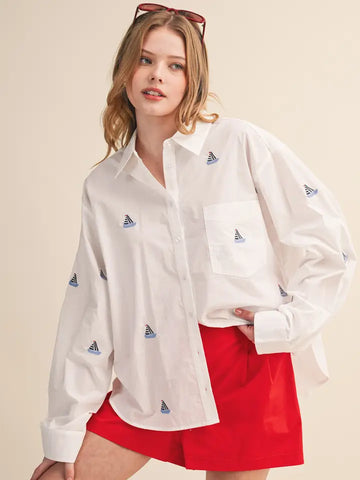 Sailboat Embroidery Button Down Shirt
