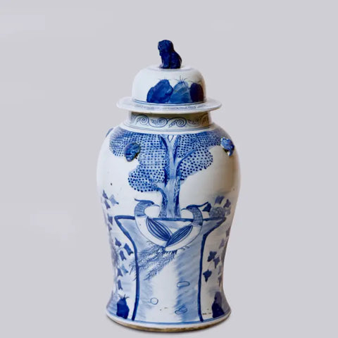 Phoenix Pair Blue & White Porcelain Temple Jar