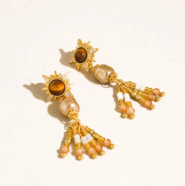 Lalique 18K Gold Vintage Pearl Sunburst Drop Earrings