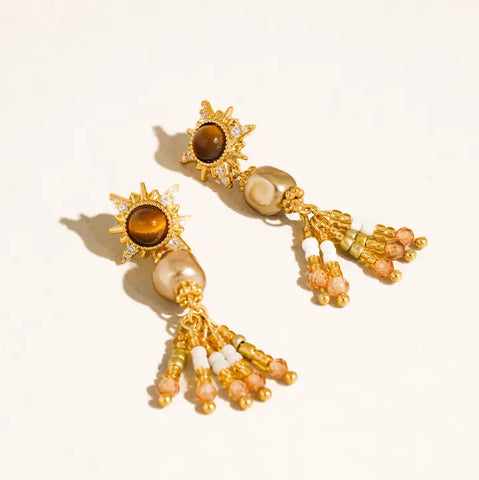 Lalique 18K Gold Vintage Pearl Sunburst Drop Earrings