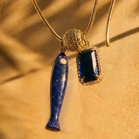 Fish & Gemstone Charm Necklace Purple