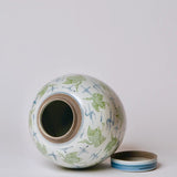 Blue and Green Porcelain Cranes and Clouds Round Storage Jar