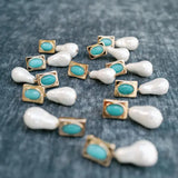 Vintage Square Turquoise and Natural Pearl Drop Earrings