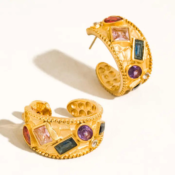 Delmare 18k Gold Non-Tarnish Vintage Gemstone Hoop Earrings