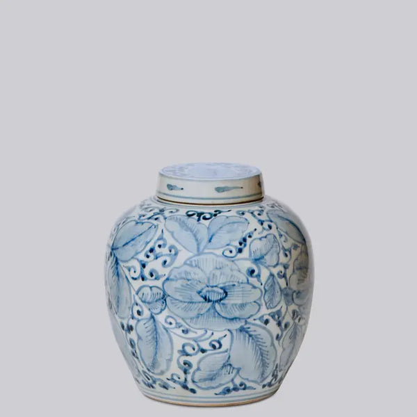 Lidded Blue and White Porcelain Rose Storage Jar