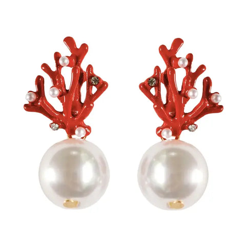 Pearl and Red Coral Mini Statement Earrings