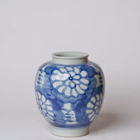 Hand Painted Floral Blue and White Porcelain Globe Vase