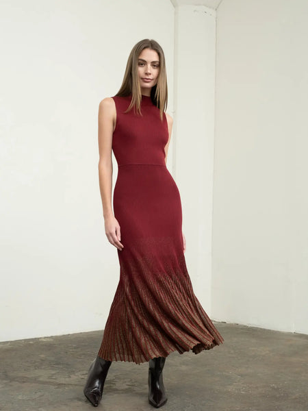 Mock Neck Shimmer Pleated Hem Midi Sweater Dress