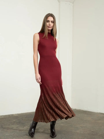 Mock Neck Shimmer Pleated Hem Midi Sweater Dress