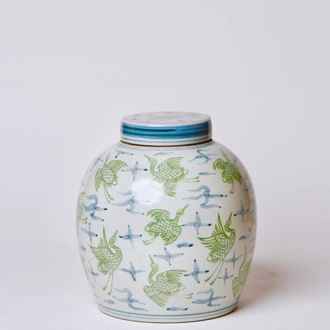 Blue and Green Porcelain Cranes and Clouds Round Storage Jar