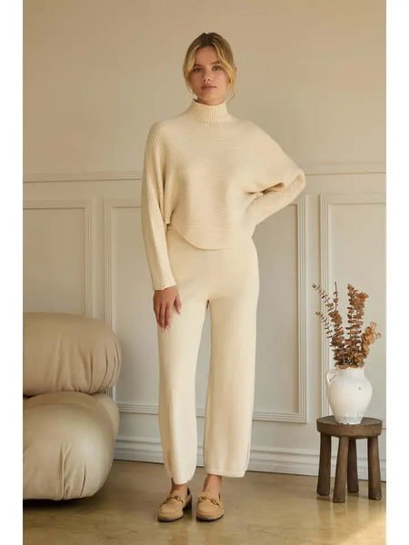 Asymmetrical Button-Sleeve Ribbed Mock Neck Sweater Top