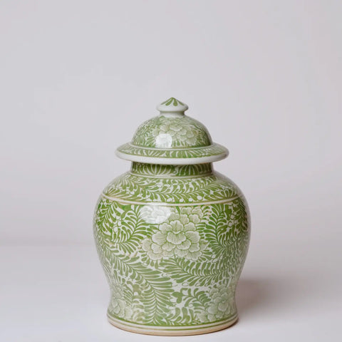 Medium Green and White Porcelain Country Peony Temple Jar