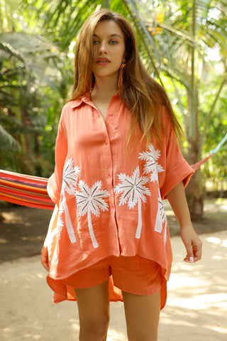 Baga Coral Palm Cover Up Shirt