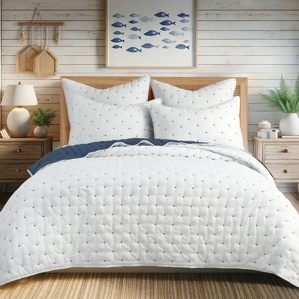 Embroidered Swiss Dot Navy Quilt Set