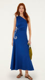 Blue Seahorse Embroidery One-Shoulder Maxi Dress