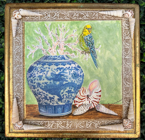 10" Florentine Shell Still Life with Parakeet and Shells