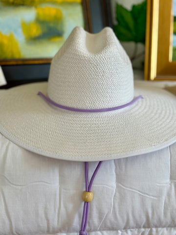 Baldiz White Sun Hat Cream/Tan Stripes with Lavender Strings