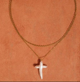 Aurise 18K Gold Non-Tarnish Freshwater Pearl Cross Necklace