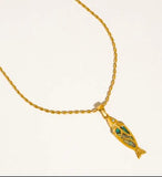 Dolphina 18K Gold Non-Tarnish Vintage Abalone Fish Necklace