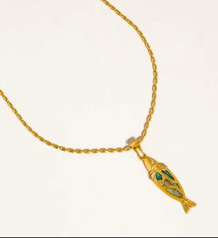 Dolphina 18K Gold Non-Tarnish Vintage Abalone Fish Necklace