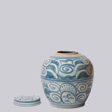 Rustic Curlicue Blue and White Porcelain Round Storage Jar