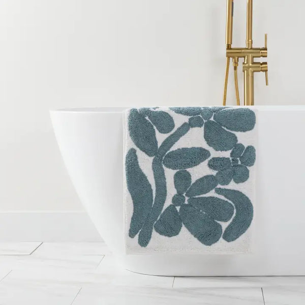 Non-Skid 100% Cotton Tufted Bath Mat-Floral Light Blue