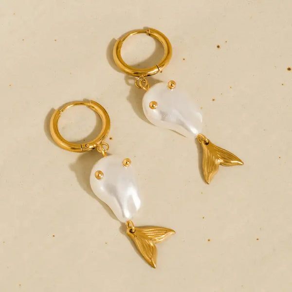 Pearlette 18k Gold Non-Tarnish Pearl Mermaid Tail Earrings