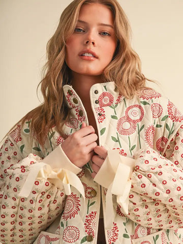 Quilted Mixed Floral Print Jacket with Ribbon Detail