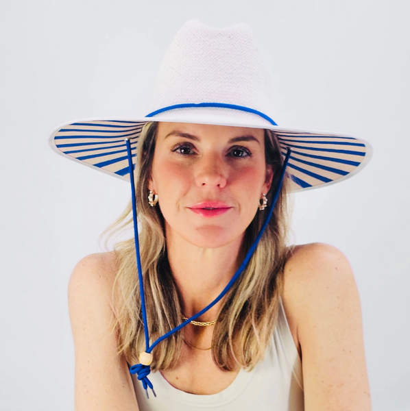 Baldiz White Sun Hat with Blue Stripes