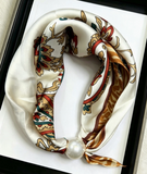 Satin Scarf with Pearl Clasp | Beige Paisley
