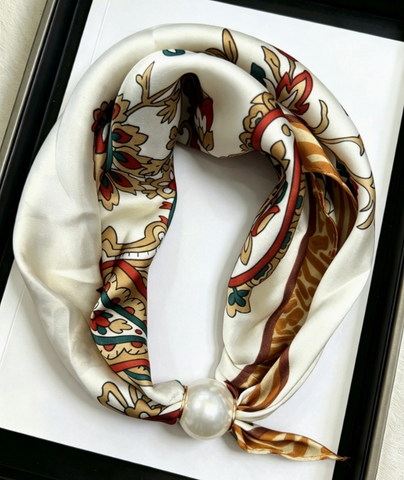 Satin Scarf with Pearl Clasp | Beige Paisley