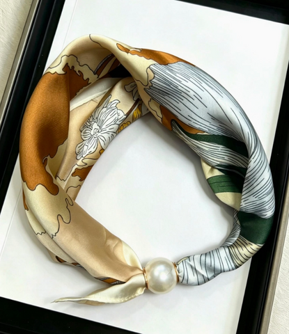 Satin Scarf with Magnetic Pearl Clasp | Golden Beige