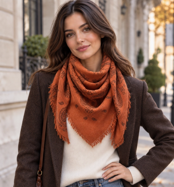 Paisley Pattern Wool Square Scarf | Brick