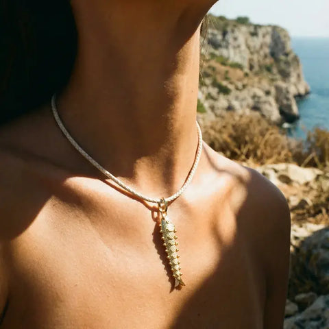 Gold Fish Bone Pendant Necklace Beige