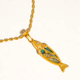 Dolphina 18K Gold Non-Tarnish Vintage Abalone Fish Necklace